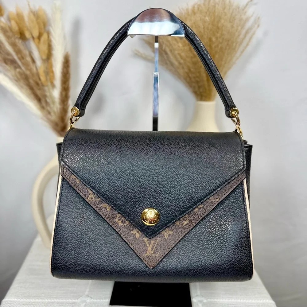 SOLD Louis Vuitton Black Calfskin & Brown Monogram Coated Canvas Double V Bag - Picture 3 of 17